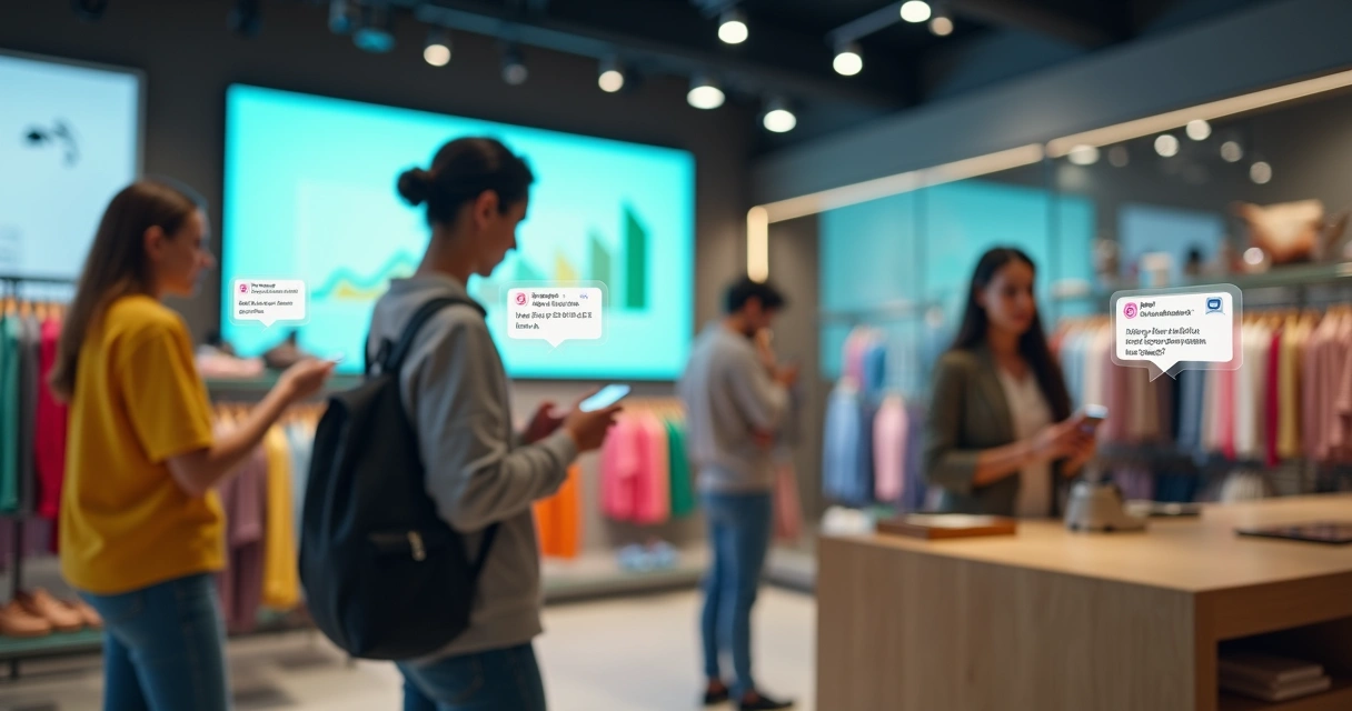 Clientes em loja física recebendo ofertas de sms marketing no celular 