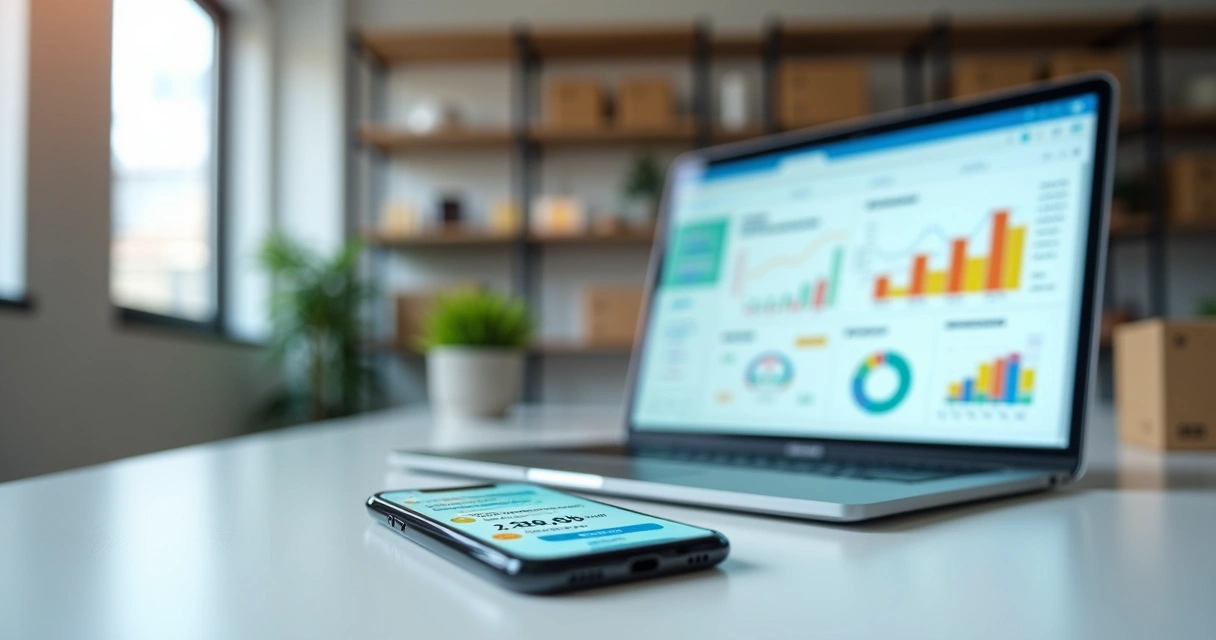 Dashboard de e-commerce exibindo gráficos enquanto um celular mostra campanha de SMS marketing 