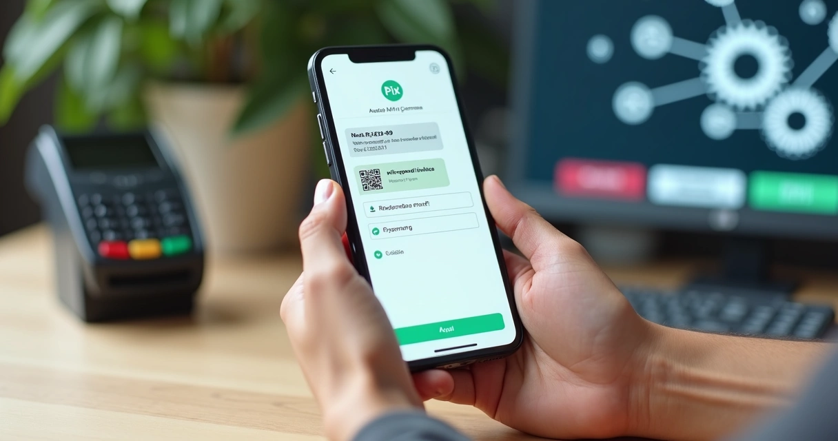 Cliente segurando celular com mensagem de cobrança Pix verificada na tela 