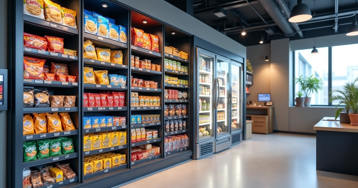 Snacks organizados em prateleira com controle de temperatura 