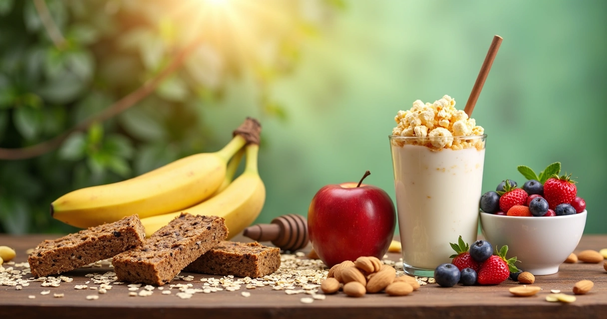Mesa com lanches energéticos: barras de proteína, frutas, mix de nuts, iogurte grego e pipoca.