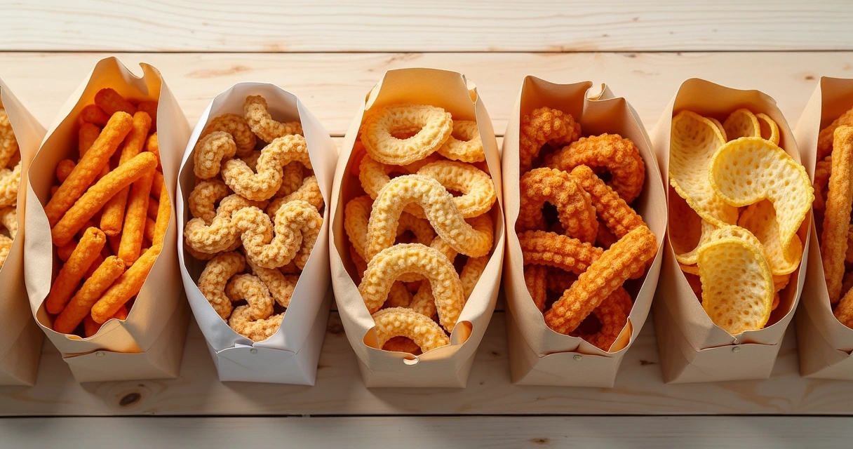 Pacotes abertos de snacks de cereal industrializados alinhados na mesa 