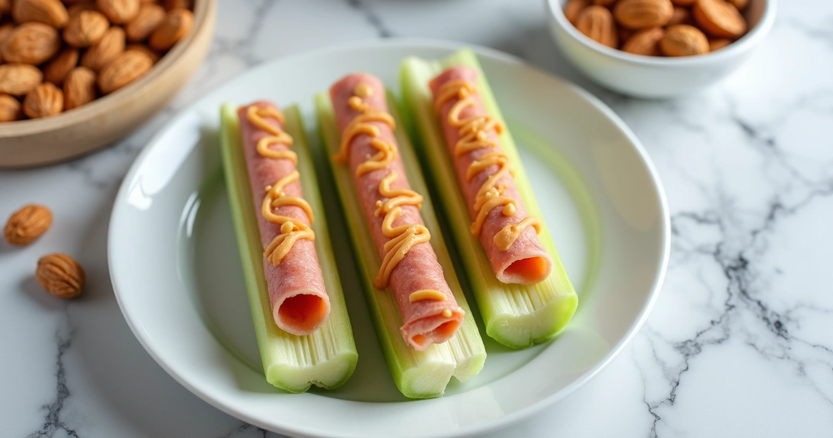 Palitos de apio con crema de cacahuete y rollitos de jamón y queso en un plato 