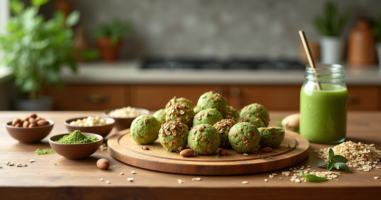 Snacks energéticos de moringa variados em tábua de madeira 