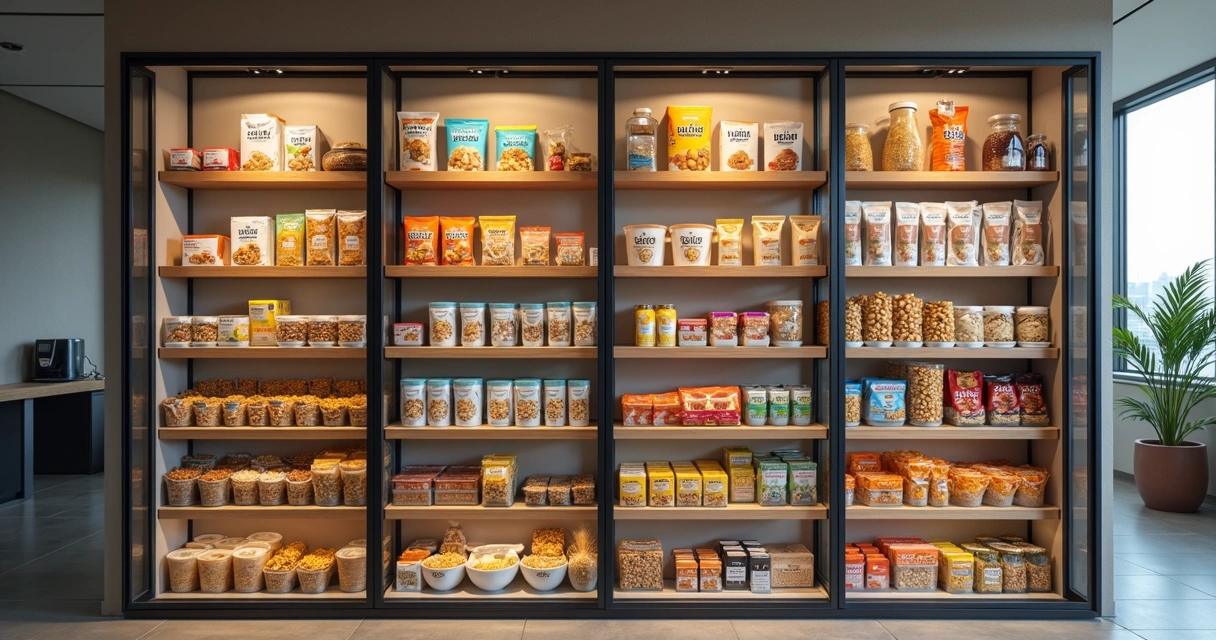 Snacks proteicos organizados em espaço corporativo 