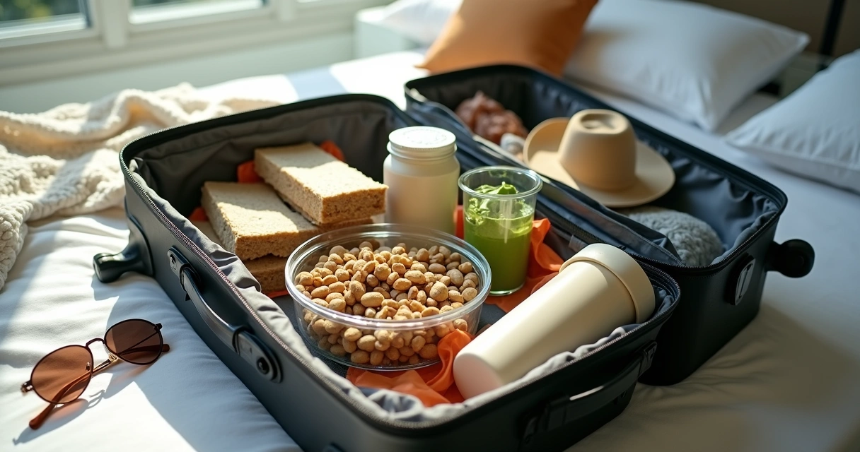 Snacks e suplementos saudáveis em mala de viagem