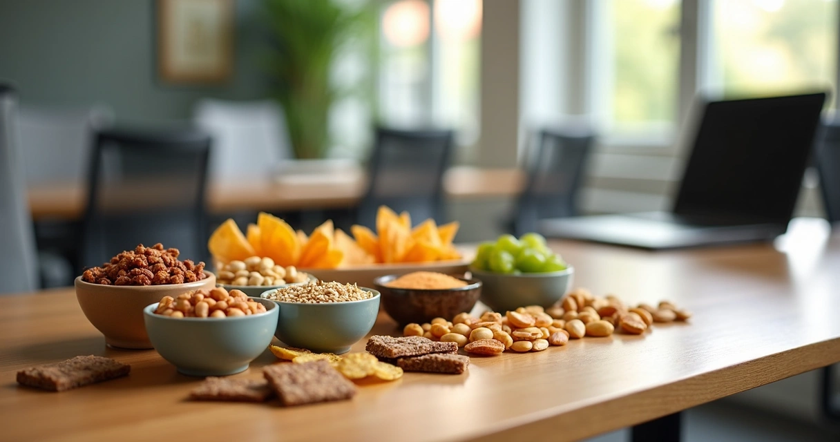 Diversos snacks saudáveis zero açúcar sobre uma mesa de madeira em tigelas pequenas. 