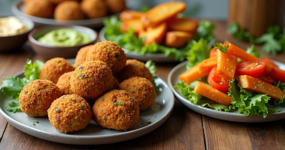 Variedade de snacks vegetarianos em mesa de madeira 