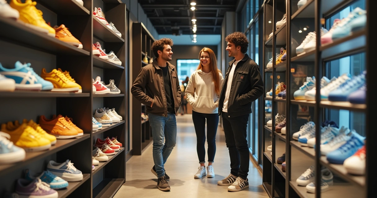 Jovens estilosos experimentando tênis Onitsuka Tiger numa loja elegante 