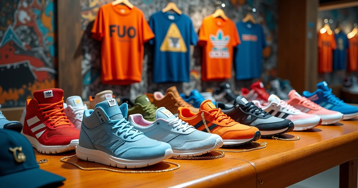 Sneakers coloridos e acessórios icônicos em uma vitrine de moda urbana 