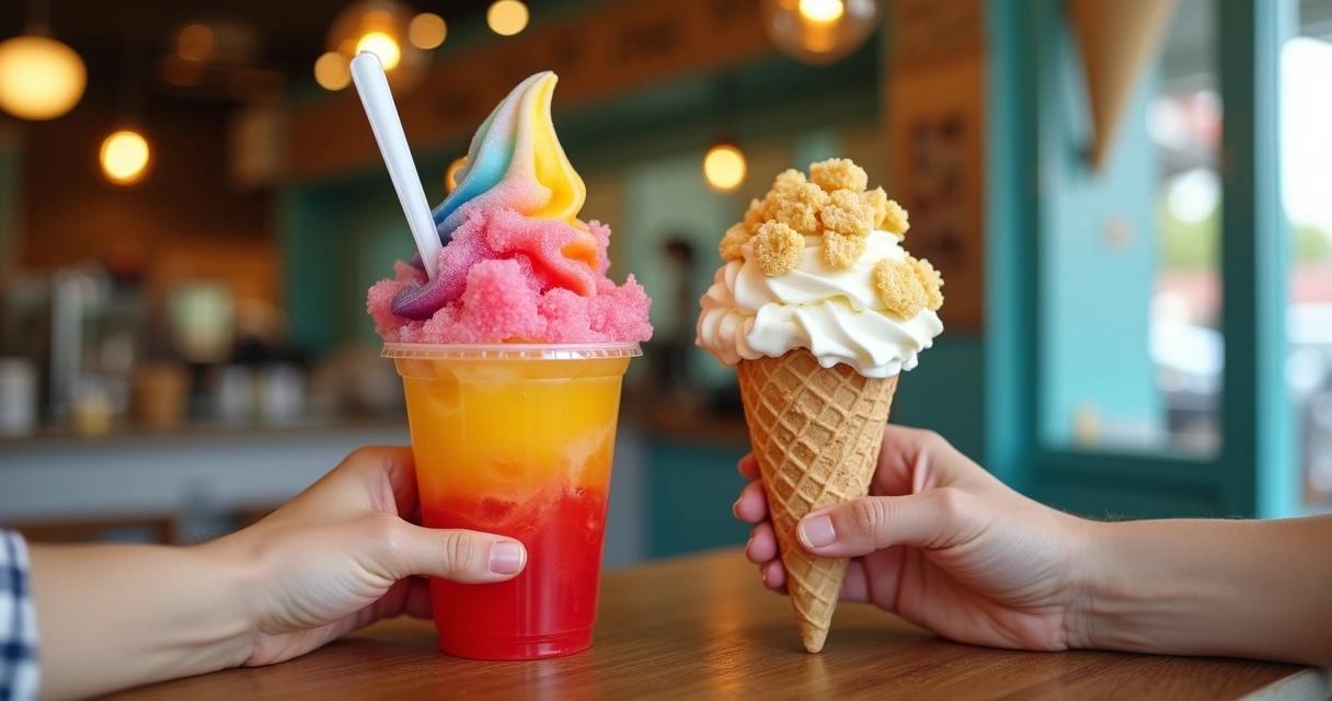 Snoball colorido em copo transparente acompanhado de cone de sorvete artesanal em balcão de loja 