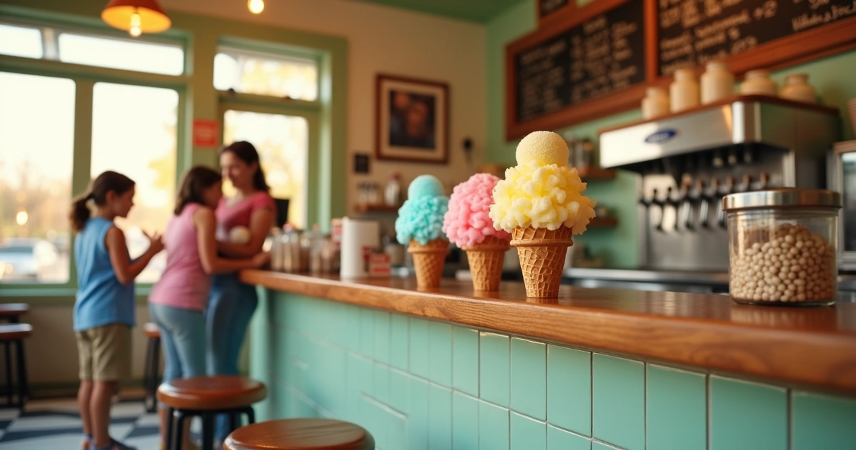 Família escolhendo snoballs coloridos em sorveteria nostalgicá 
