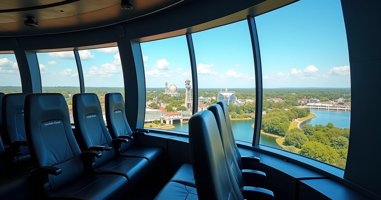 Vista panorâmica do simulador Soarin’ no Epcot com destaque para o assento B1 e cenário detalhado do parque ao fundo