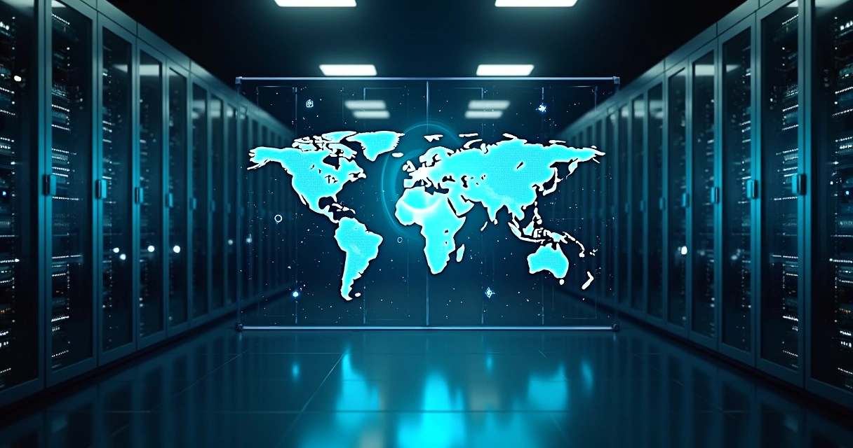 Data center moderno com mapa digital destacando soberania em IA 