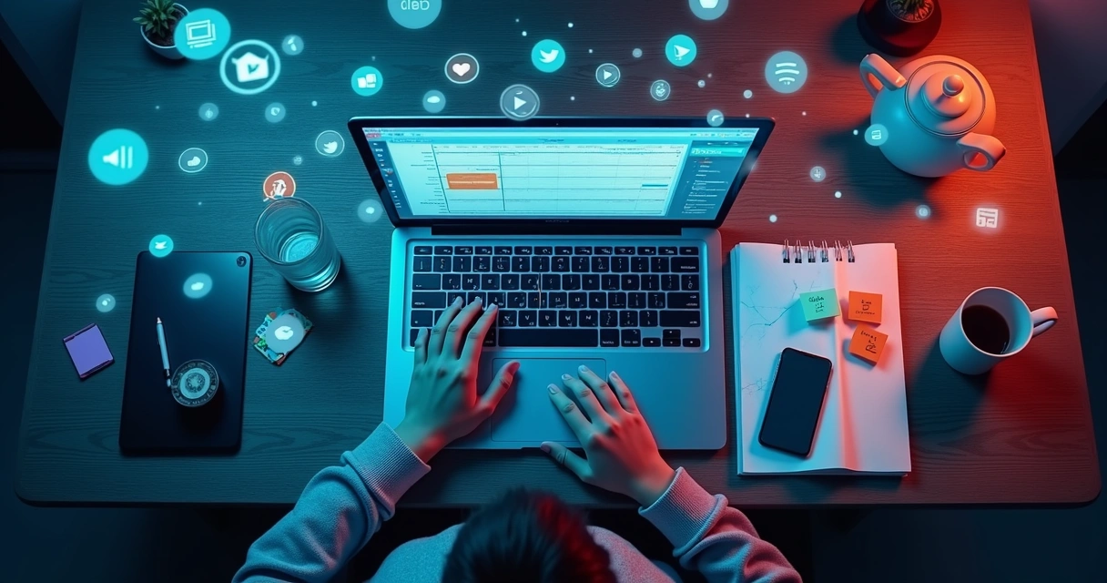 Mesa com celular e notebook cercados por muitas notificações luminosas