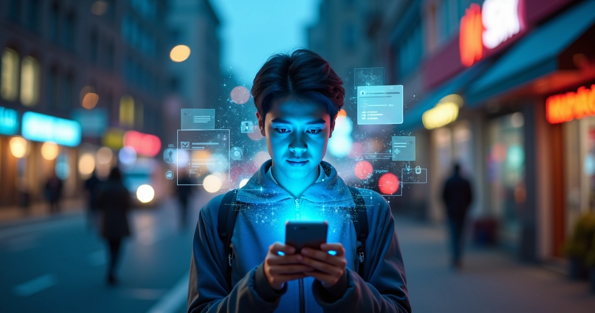 Persona mirando el móvil en una calle borrosa llena de pantallas y luces digitales 