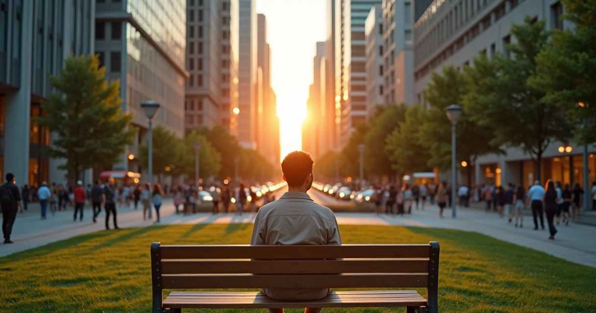 Pessoa sentada em banco de praça cercada por grande cidade movimentada 