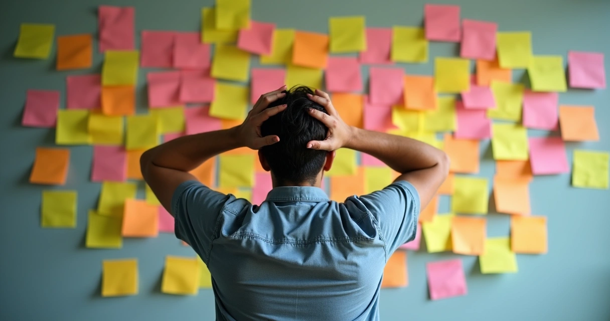 Pessoa olhando para diferentes opções escritas em post-its coloridos numa parede 