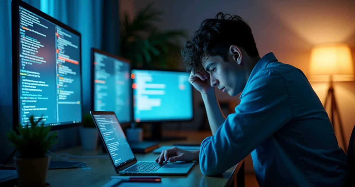 Pessoa olhando para múltiplas telas com notificações digitais e expressão de cansaço 