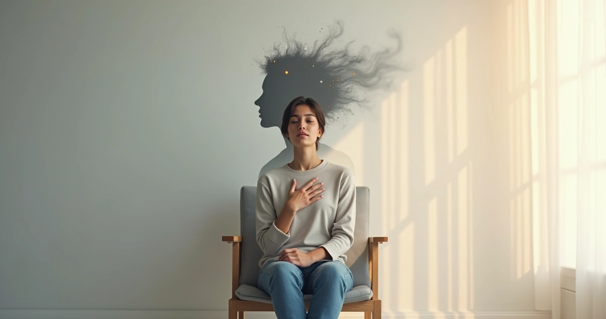 Persona sentada con dos siluetas superpuestas que representan confusión emocional y calma interior 