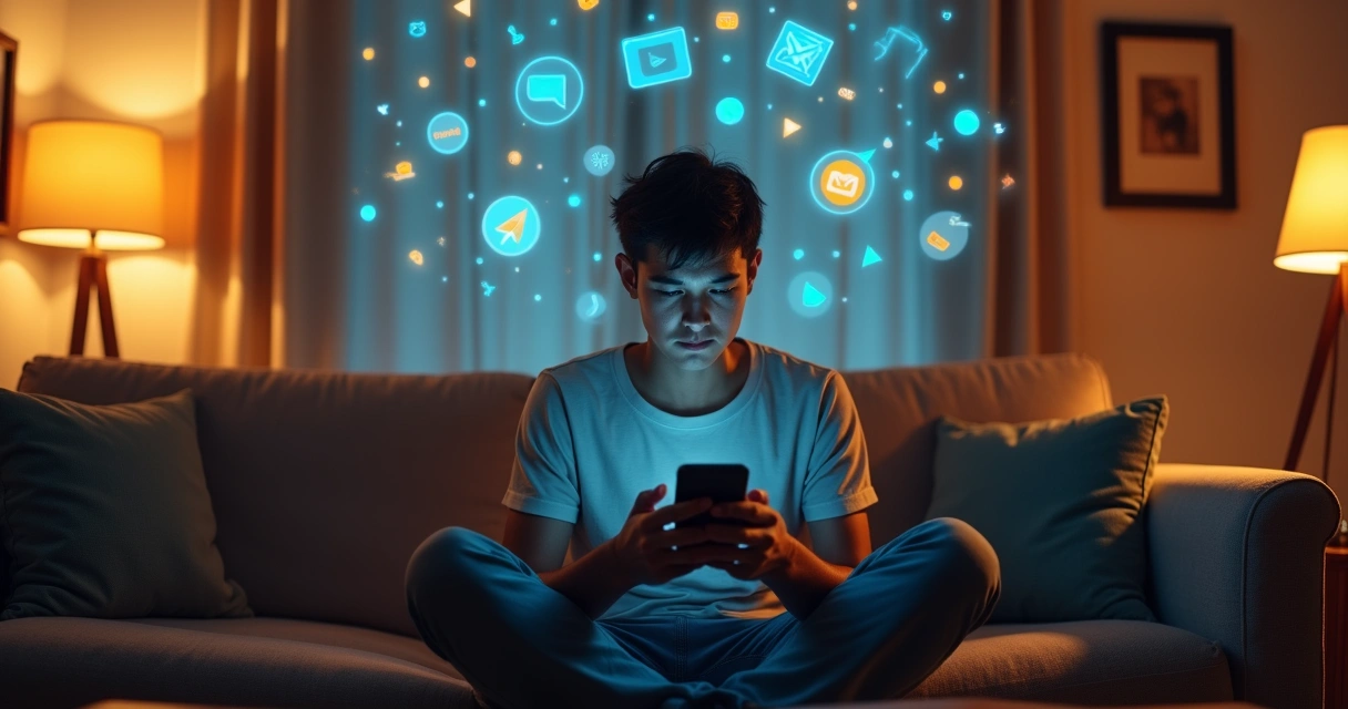 Jovem sentado em sala de estar com símbolos digitais flutuando ao redor da cabeça 