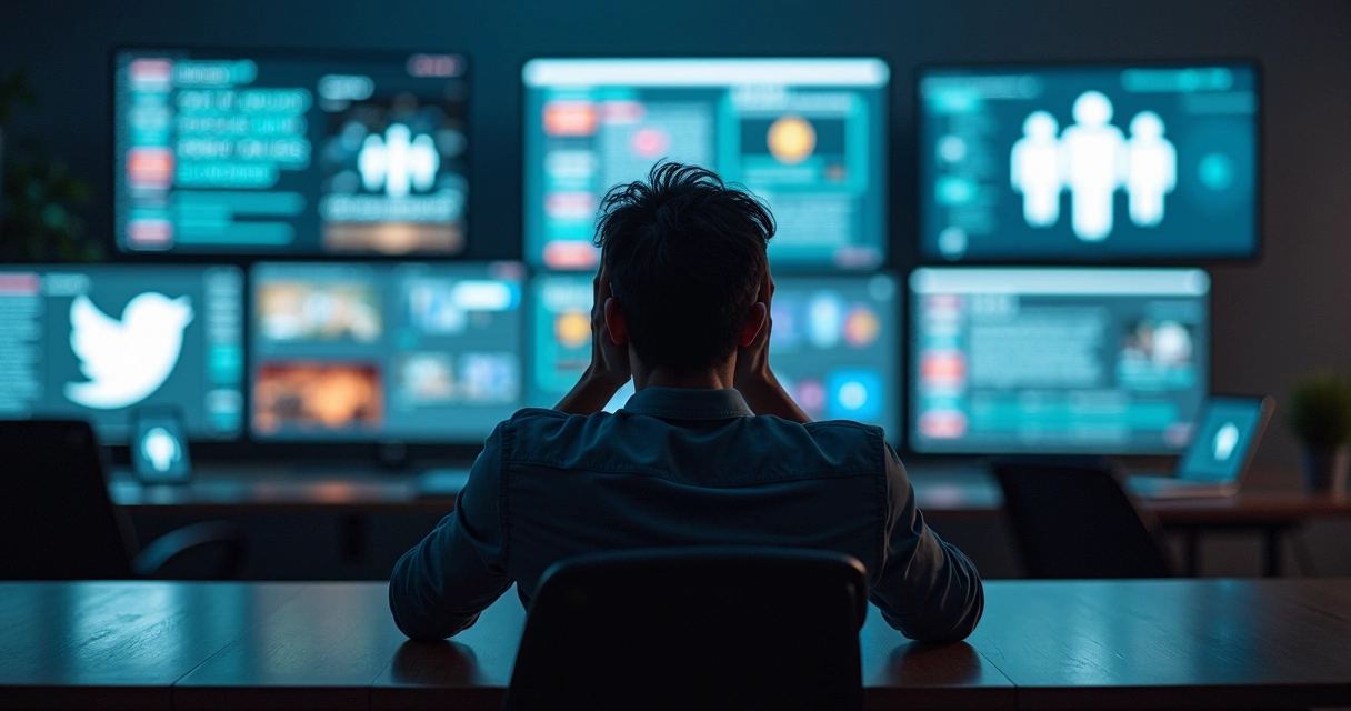 Pessoa cansada segurando a cabeça, cercada por telas de dispositivos com notícias e notificações digitais 