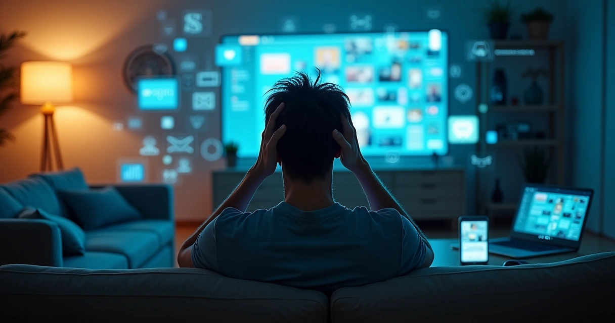 Persona abrumada por pantallas y notificaciones digitales que afectan su equilibrio emocional 