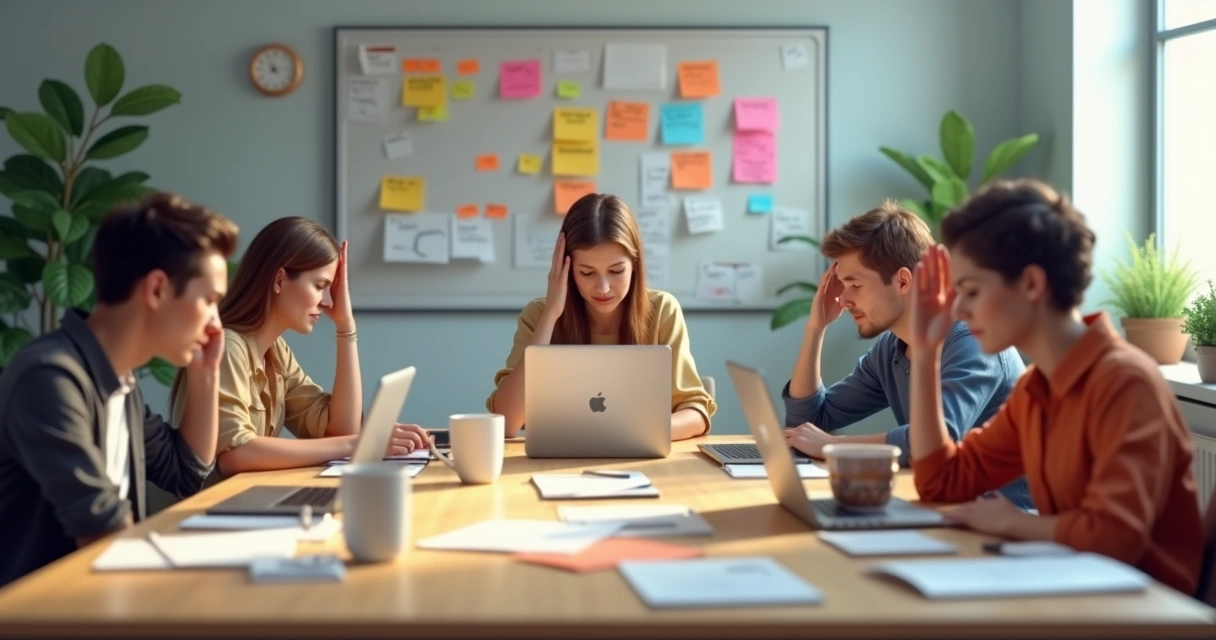 Equipe de trabalho reunida em uma mesa, com sensação de fadiga enquanto analisam papéis e computadores, luz suave e ambiente de escritório 