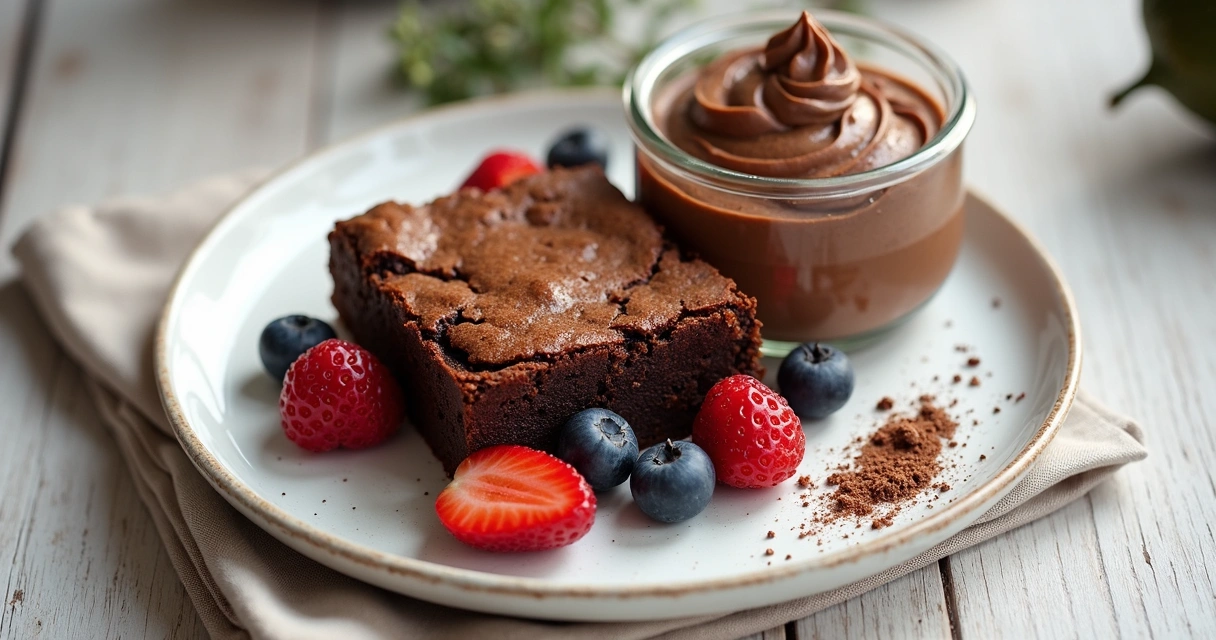 Brownie saudável e mousse de abacate em potes pequenos 