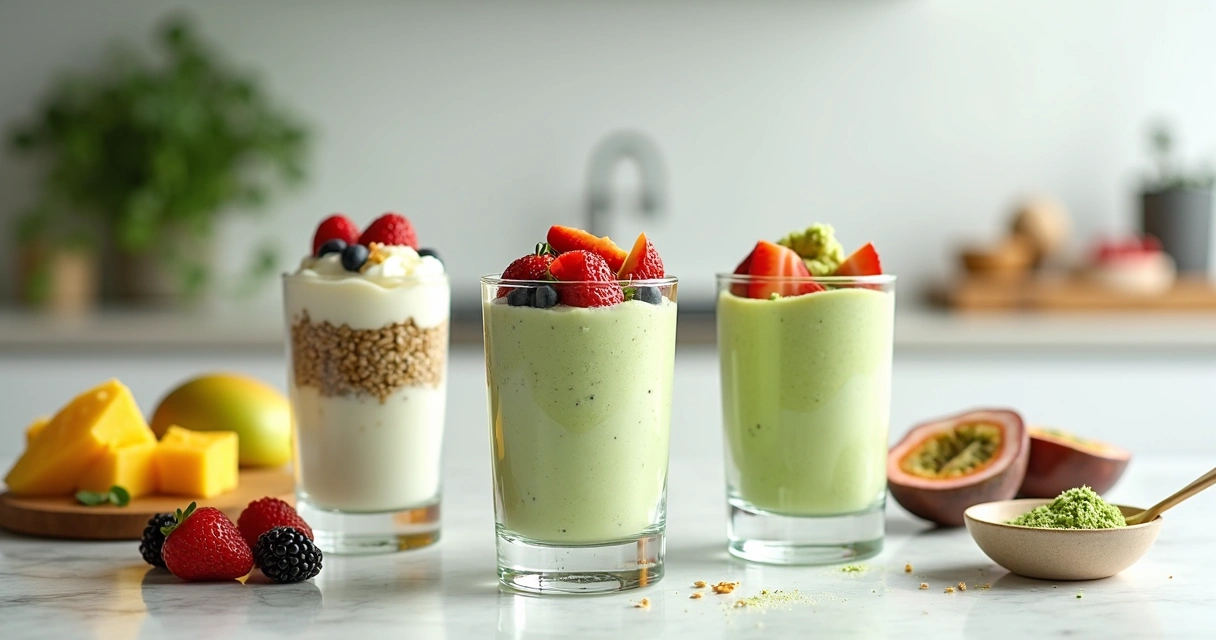 Taças de sobremesa saudável com moringa e frutas frescas 