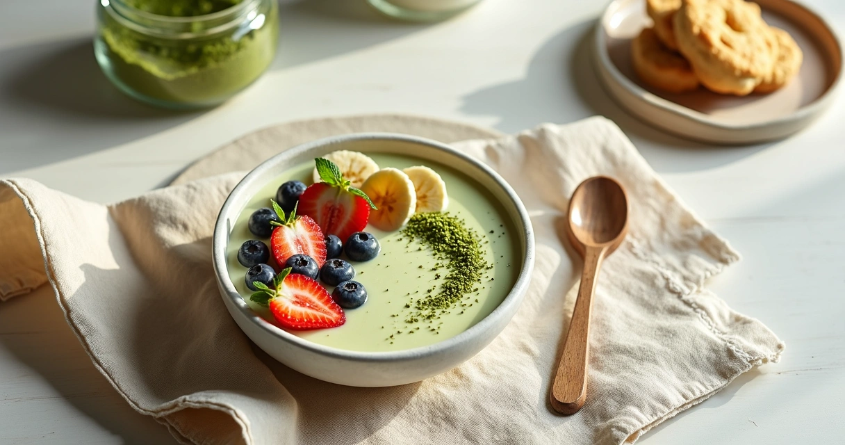 Tigela de sobremesa cremosa sem lactose com moringa em pó e frutas vermelhas 