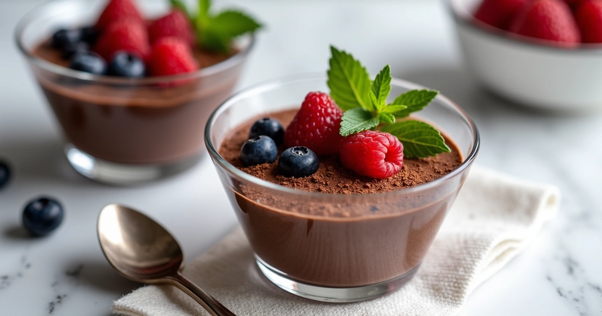 Taças de mousse de cacau com abacate decoradas com frutas vermelhas 