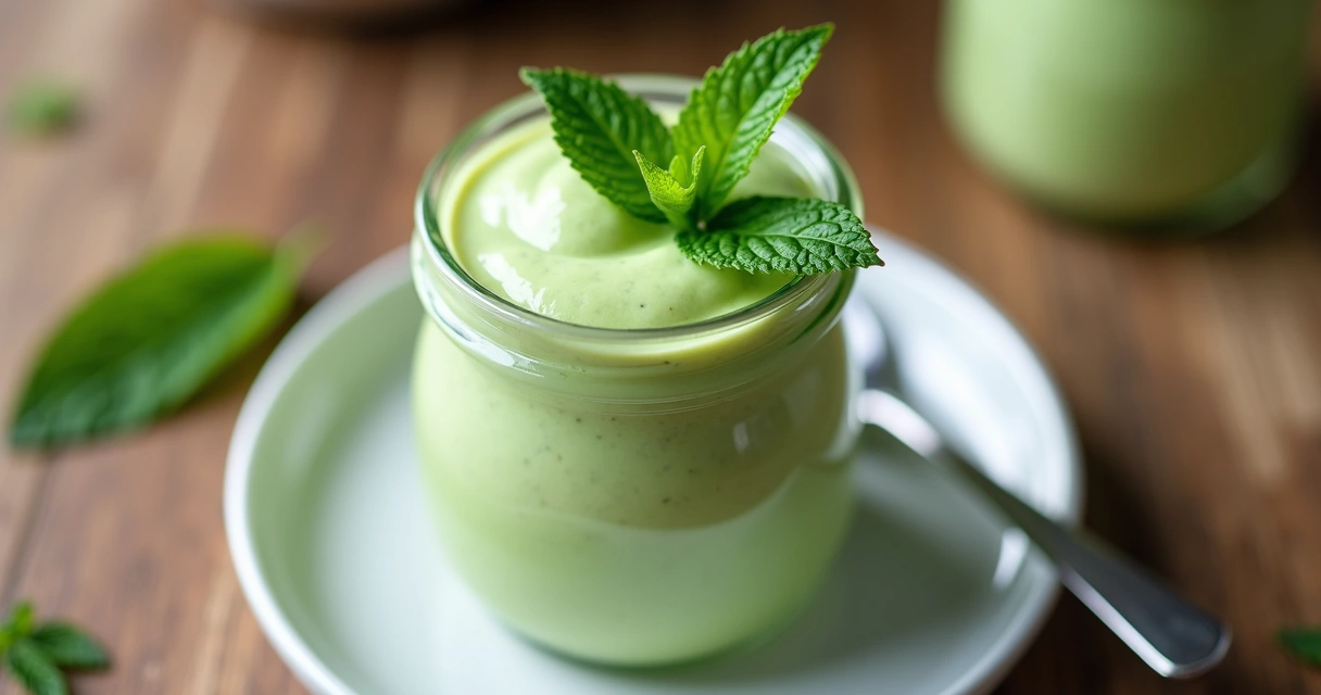 Mousse verde de moringa em pote de vidro decorado