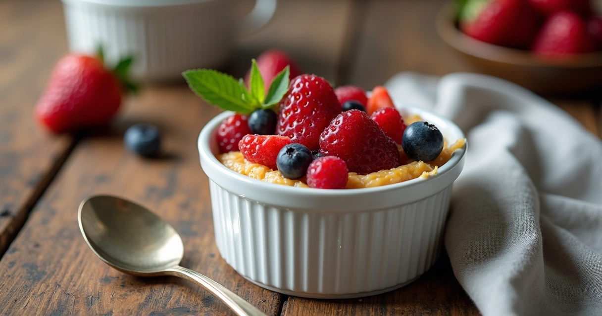 Sobremesa sem glúten individual com frutas e calda 
