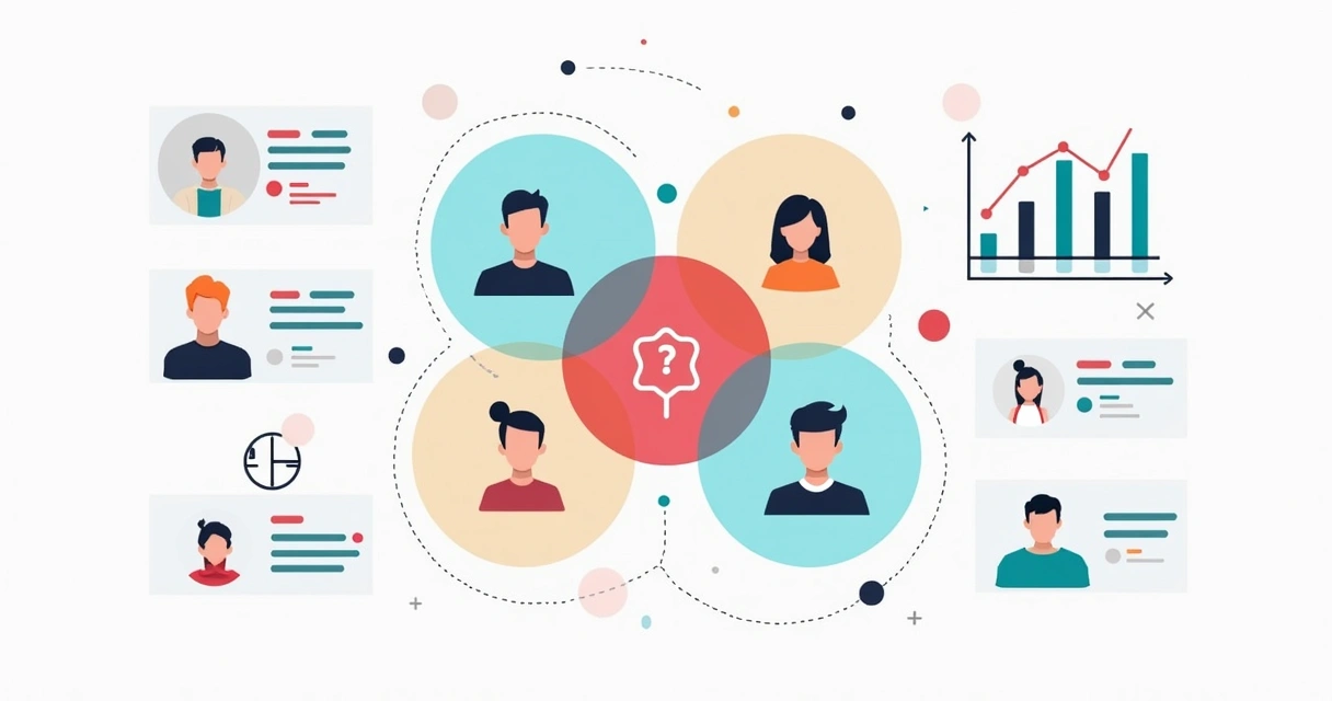 Ilustração corporativa mostrando sobreposição de audiências com gráficos e conexões entre redes de influenciadores 