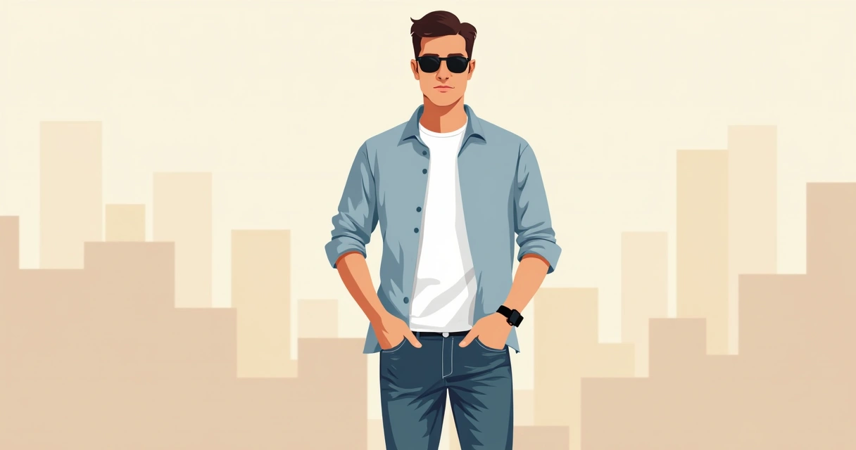 Homem usando camiseta básica blanca, camisa de linho azul claro aberta e jeans