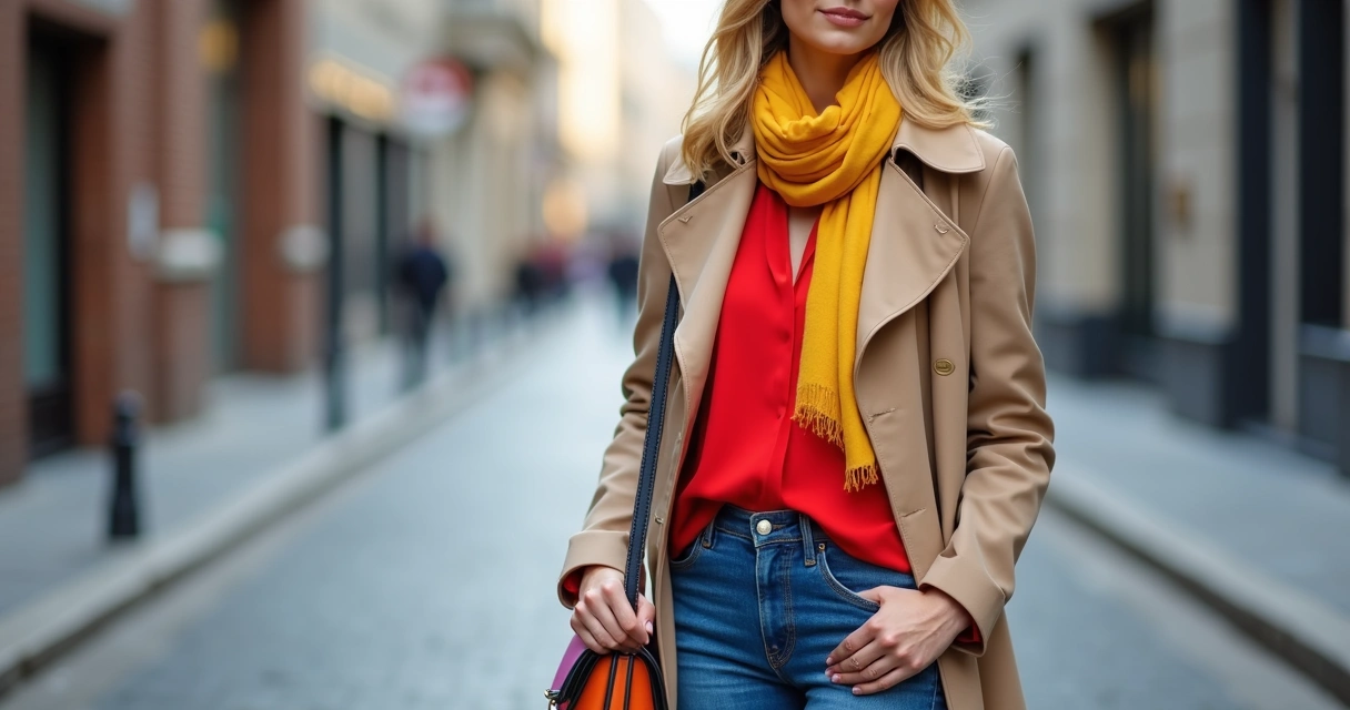 Mulher usando sobreposição de roupas coloridas em ambiente urbano 