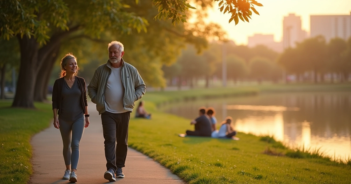 Sobrevivente de câncer caminhando em parque ao nascer do sol 