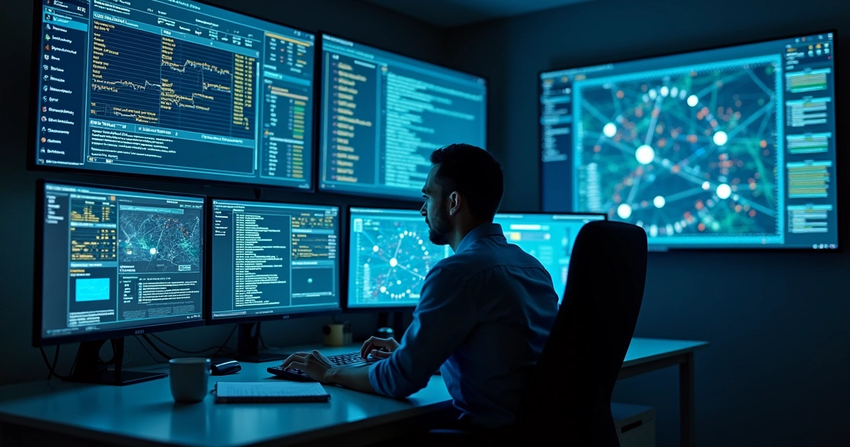 SOC analyst reviewing endpoint and network anomalies on multiple screens 