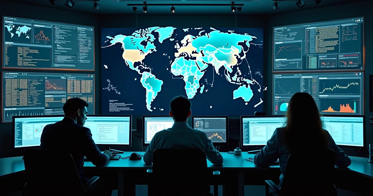Analistas em um SOC monitorando cibersegurança em múltiplos monitores 