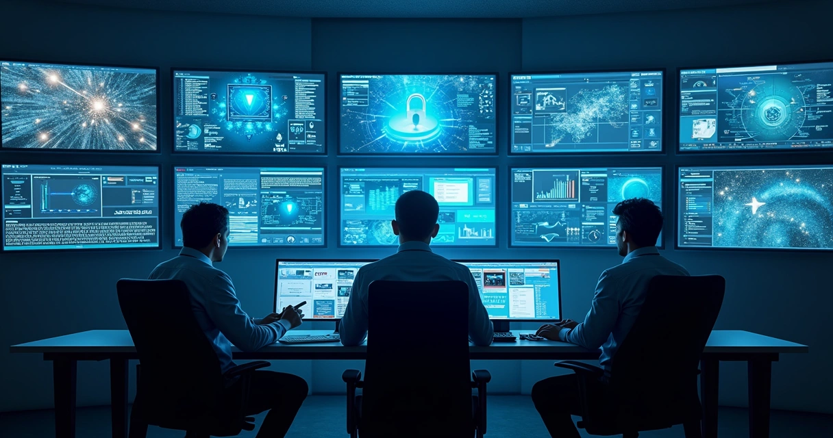 Equipe de monitoramento de segurança em SOC especializada, analisando telas de eventos e ameaças 