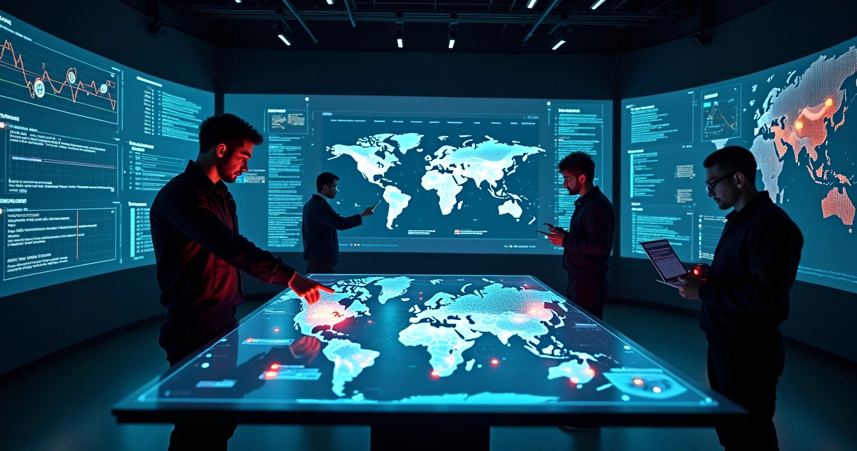 Cyber analysts in a SOC war room studying a digital threat map on a large table screen 