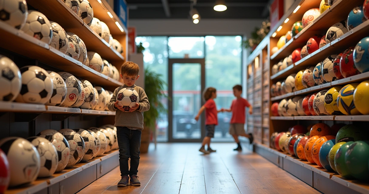 Variety of soccer balls arranged in a sports store display 