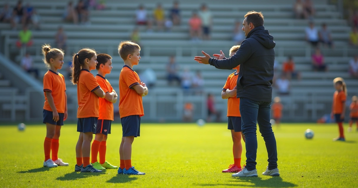 Soccer coach mediating team conflict on the field 