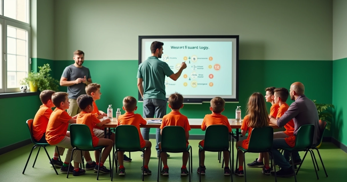 Parents and soccer players in a meeting with coach 