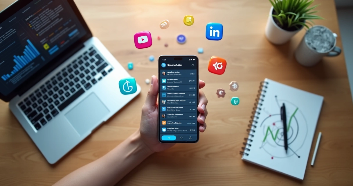 Profissional ajustando anúncios de social ads em smartphone sobre mesa com ícones de redes sociais 