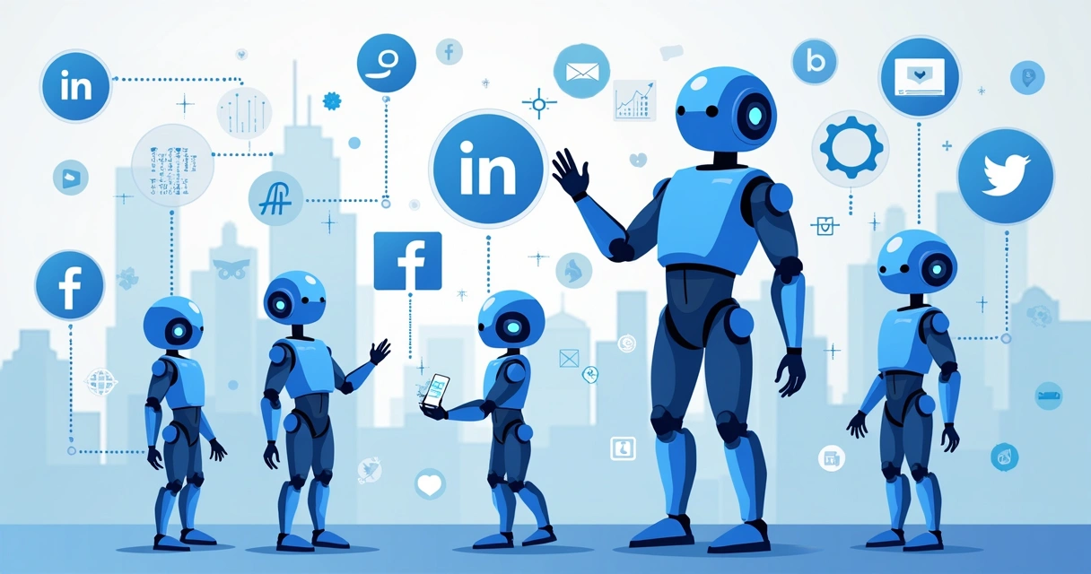 Ilustração de social bots interagindo com ícones de redes sociais e escudos de segurança em fundo corporativo 