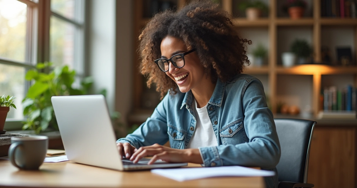 A marketer at a desk writing a social media caption and laughing softly