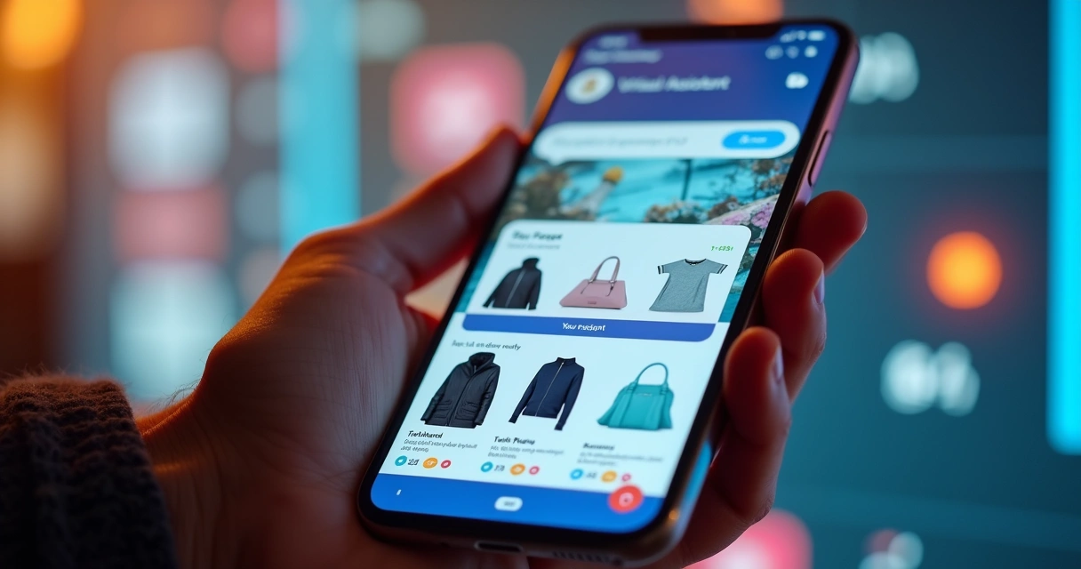 Loja virtual sendo exibida em smartphone em ambiente descontraído, vários produtos digitais e chat de compra ao lado 