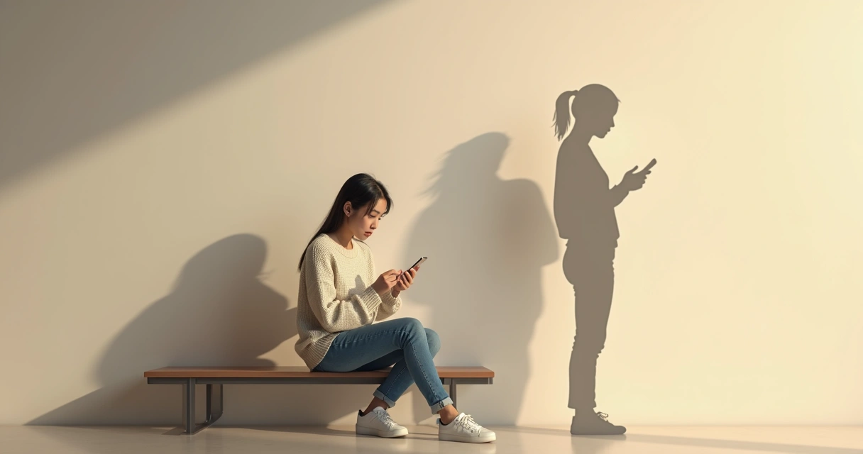 Woman looking at phone while shadow shows confident version of herself 